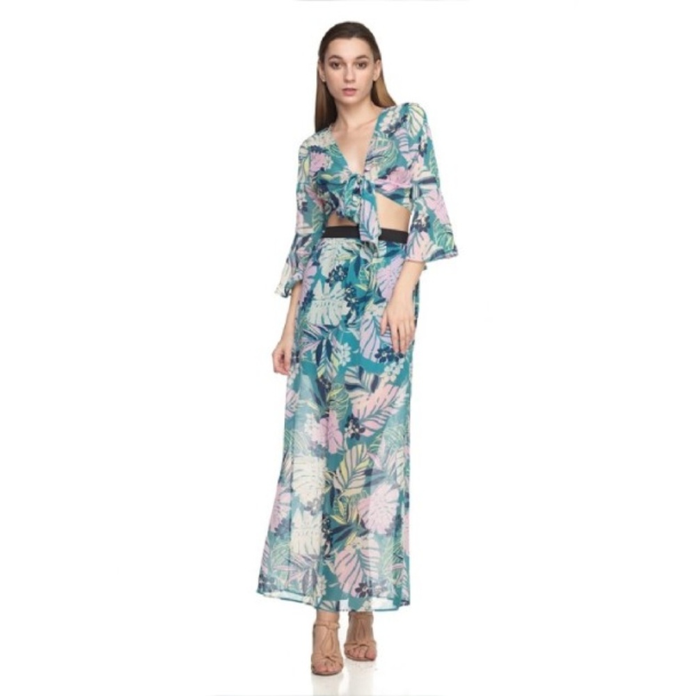 Floral sheer tropical tie top and skirt set